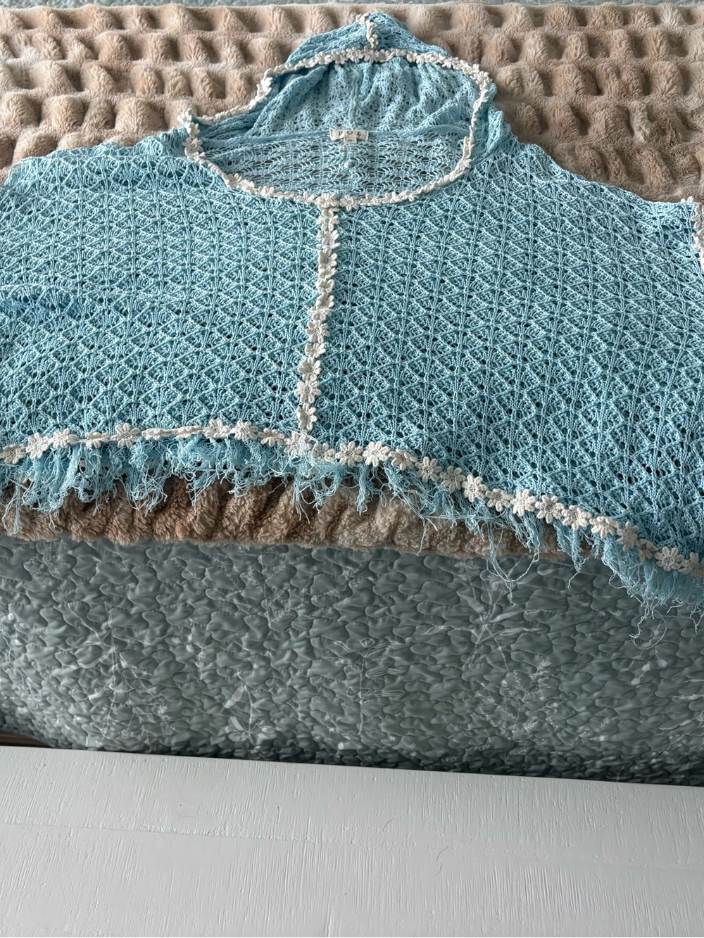 POL Light Blue Crochet Hooded Poncho with White Floral Trim